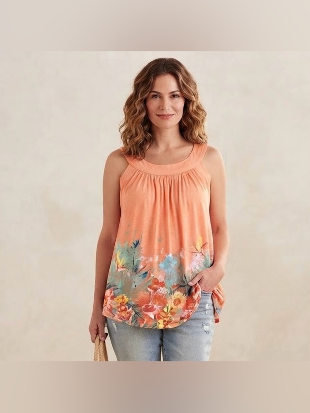 MyStyle Orange Tropical Floral Tank Top Sleeveless High Neck Size 1X Top EUC